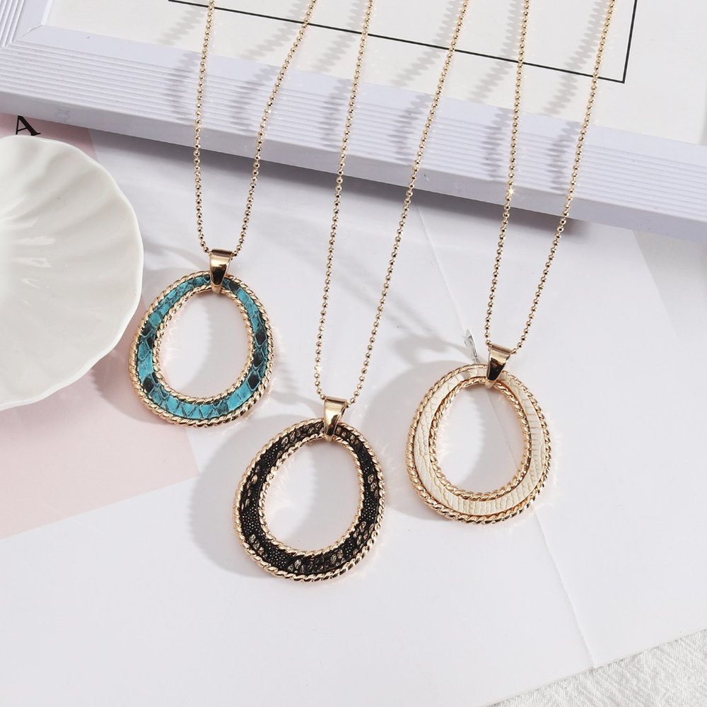 Vegan Leather Cream Snakeskin Gold Bead Chain Pendant Necklace